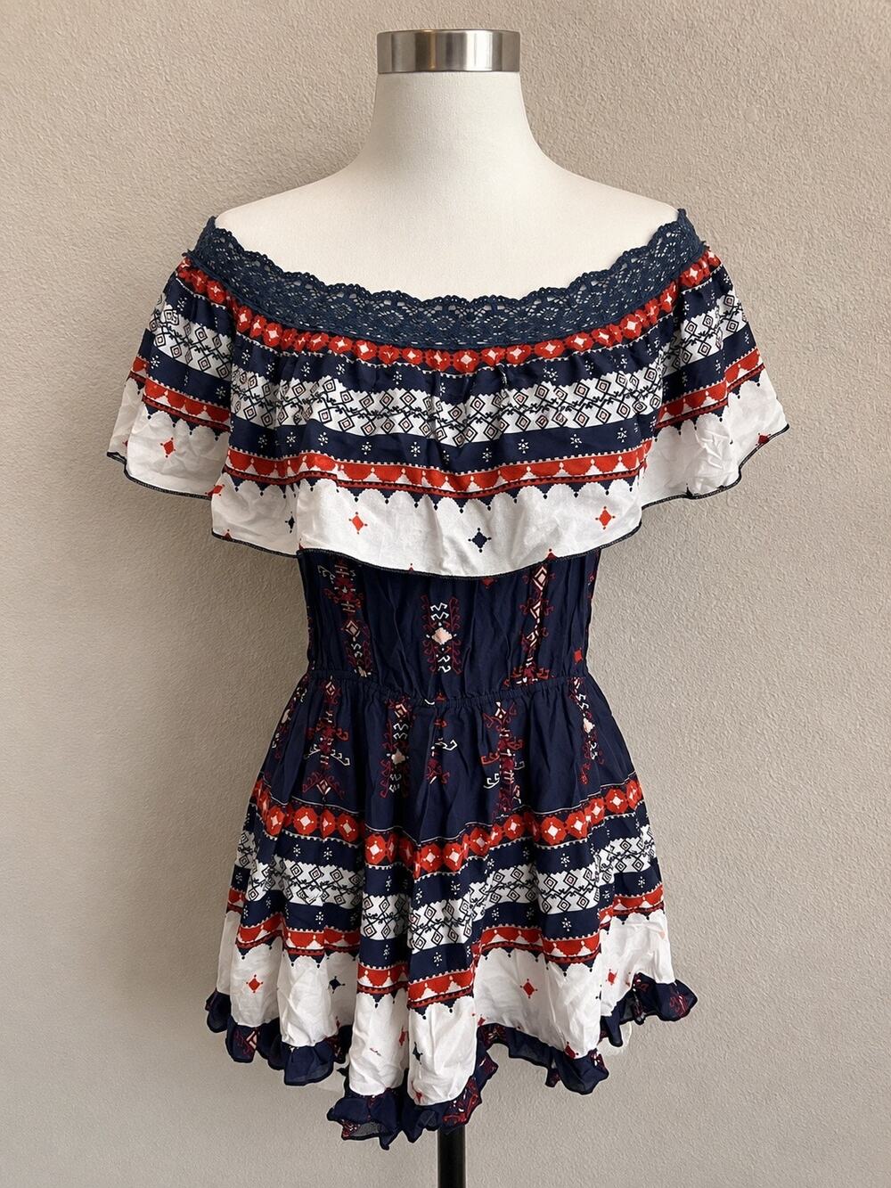 NWT Three Days LF Boho Off Shoulder Ruffle Romper Navy Red Aztec S Rodeo Western
